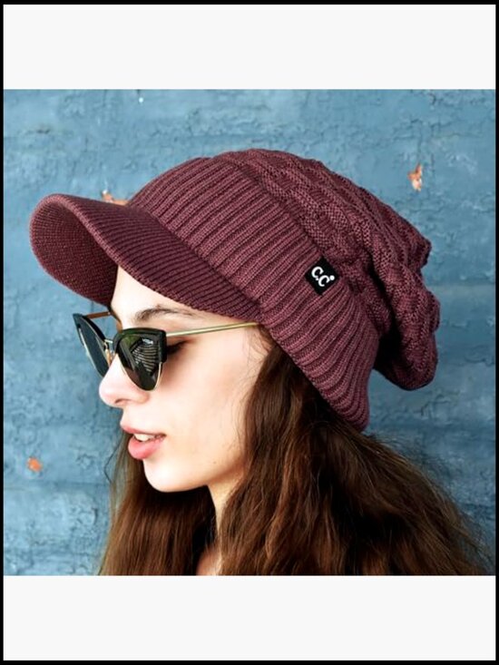 Fleece Lined Knit Hat with Visor Brim Stretchy Ribbed
